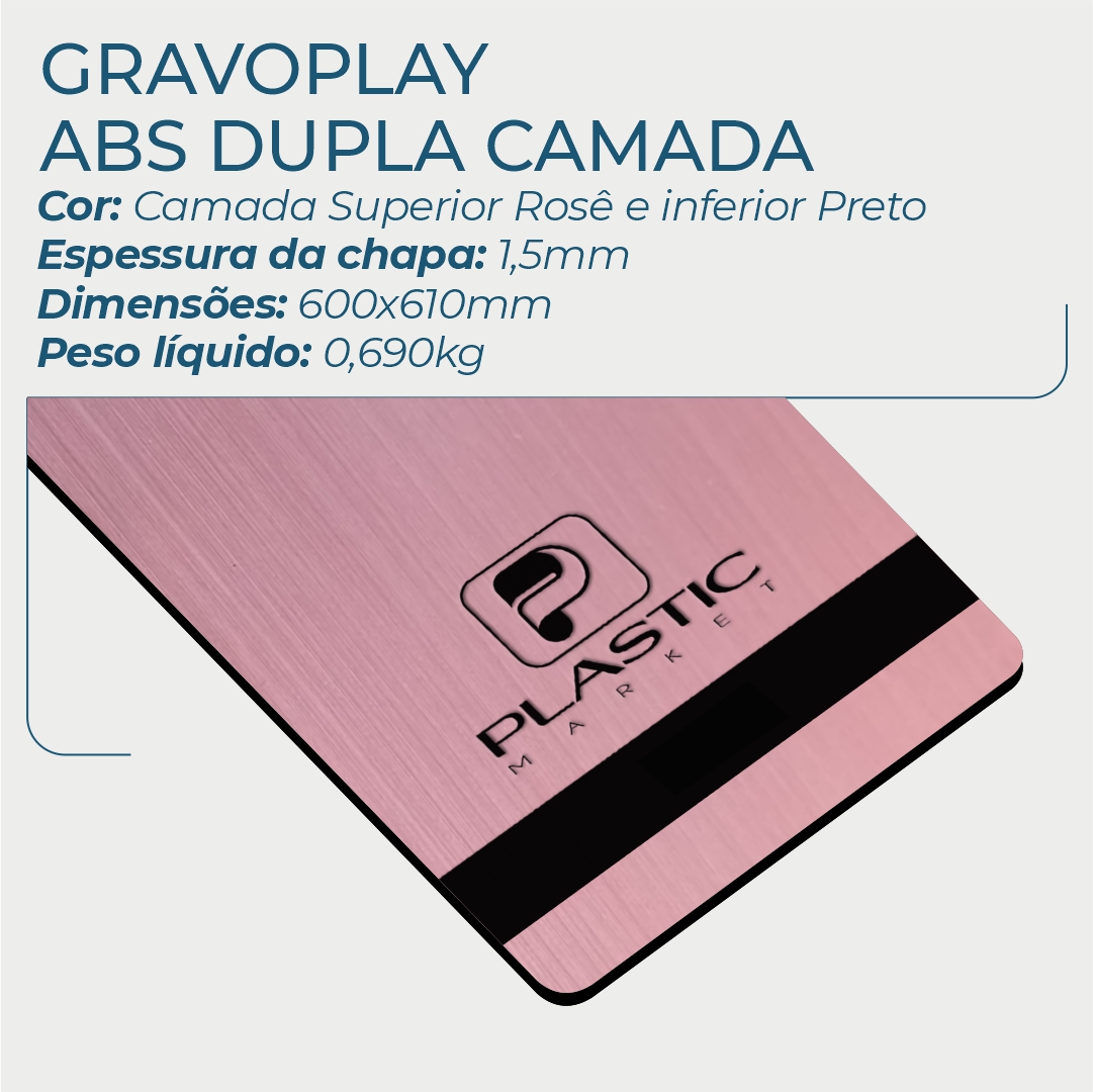 Gravoplay ABS Dupla Camada Aço Escovado Rosê/Preto - 610x600x1.5mm - Image 2