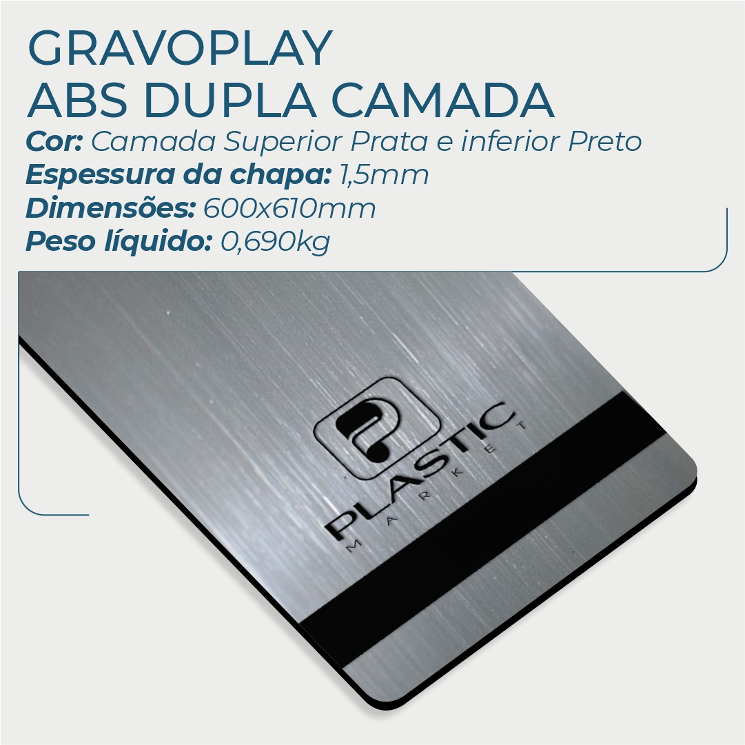 Gravoplay ABS Dupla Camada Aço Escovado Prata/Preto - 610x600x1.5mm - Image 2