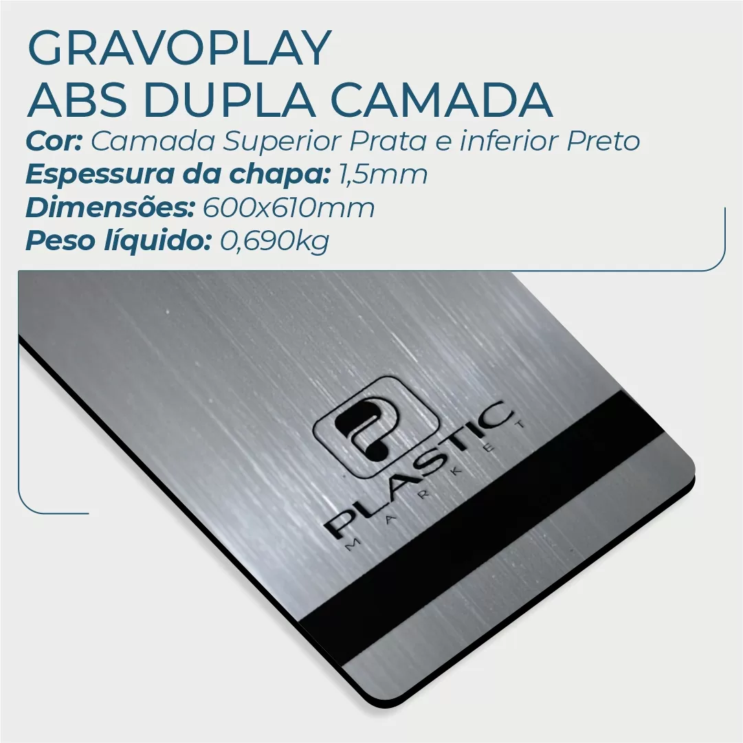 Gravoplay PREMIUM ABS Dupla Camada Aço Escovado Prata/Preto - 610x600x1.5mm - Image 2